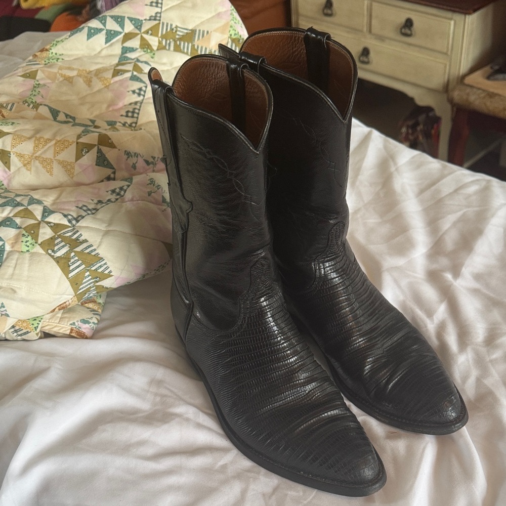 Custom Lucchese Black Leather Western Boots with lizard detail